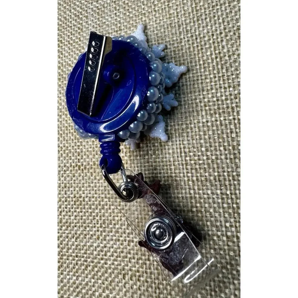 Snowflake On Blue Pearls with Deer Retractable Badge Holder Handmade